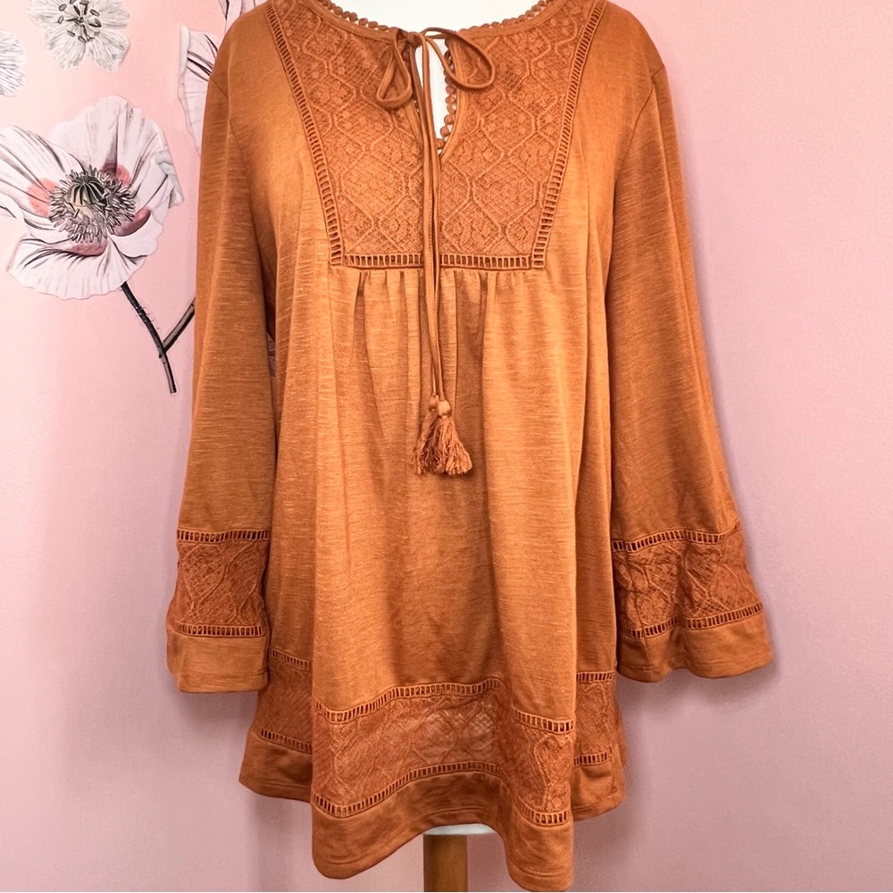 EUC L Daniel Rainn Long 3/4 Sleeve Shirt Size Large Rust Orange Crochet 126